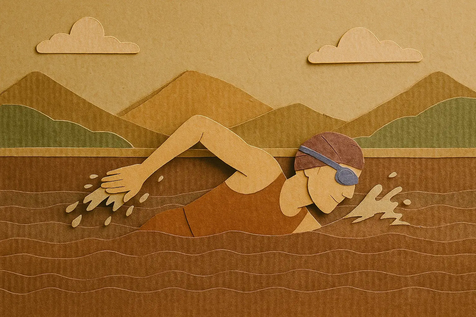 Race start with athletes entering the water.